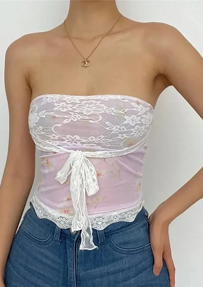 Light Pink Floral Print Knot-detail Tube Top