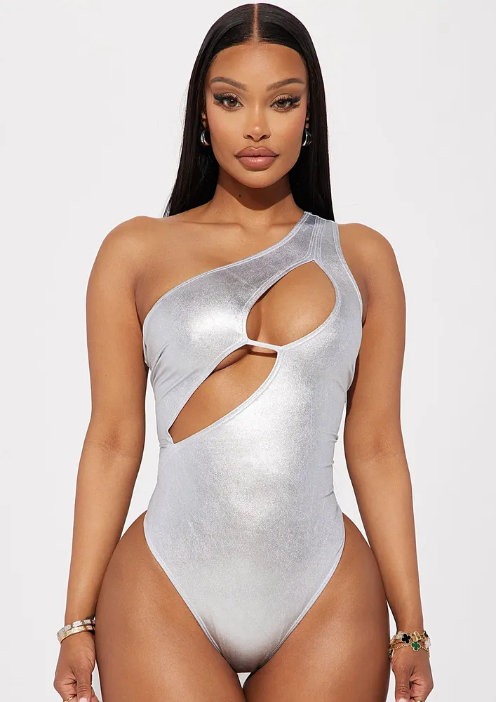 One-shoulder Metallic Silver Bodysuit