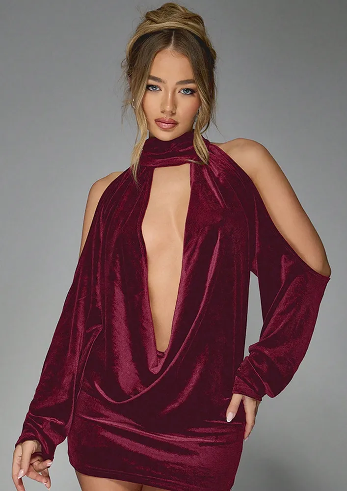 Claret Plunging Velour Blouson Dress