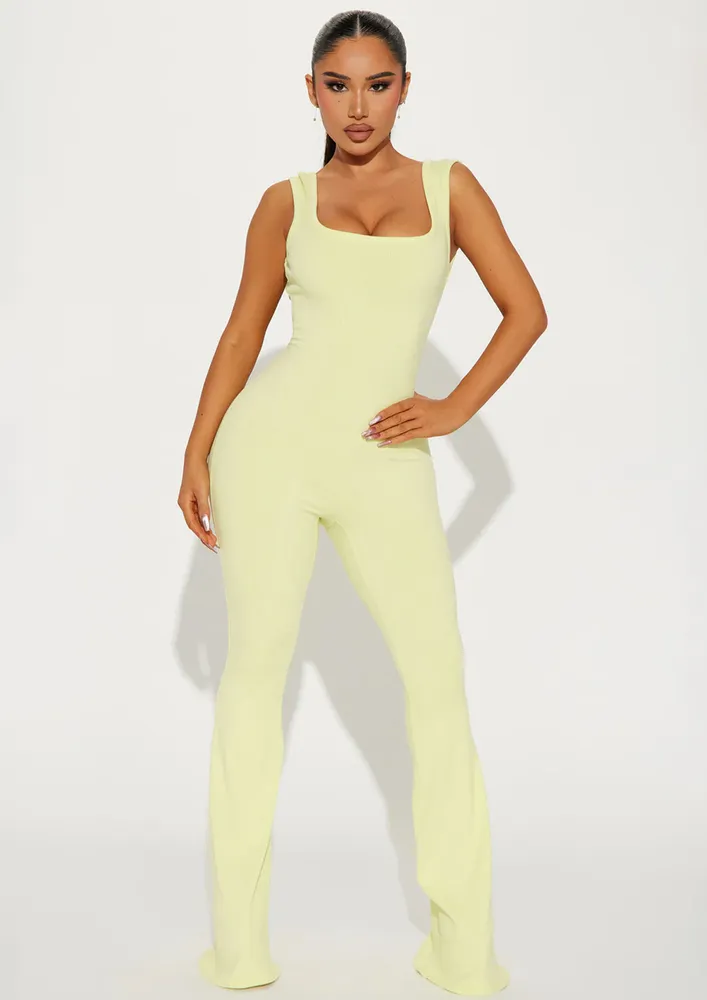 Yellow Ribbed Backless Gathered-detail Jumpsuit