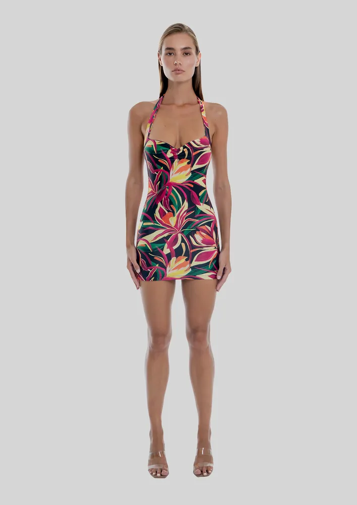 Black Tropical Floral Print Bodycon Dress