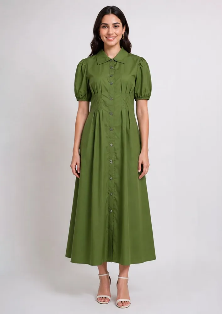 SOLID GREEN SHIRT COLLAR DRESS