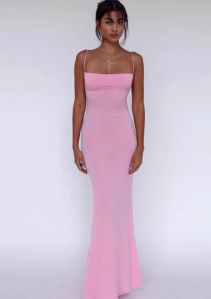 FISHTAIL BACKLESS PINK MAXI DRESS