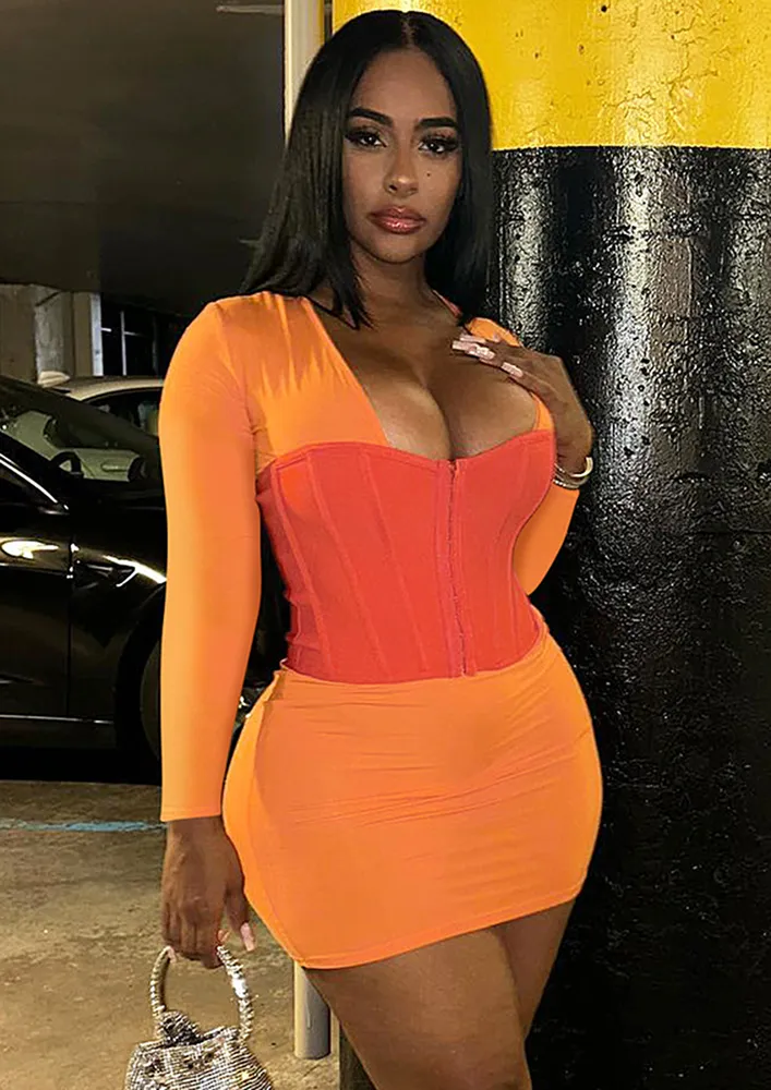 COLORBLOCKED ORANGE HOOK-&-EYE CORSET DRESS