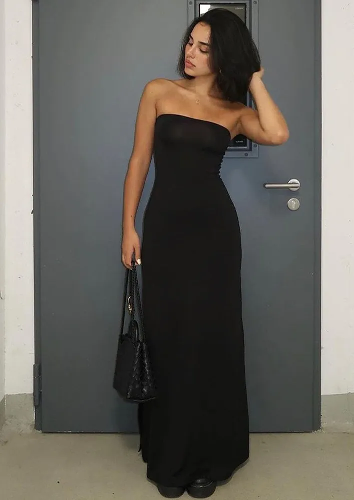 Black Side Slit Bandeau Dress