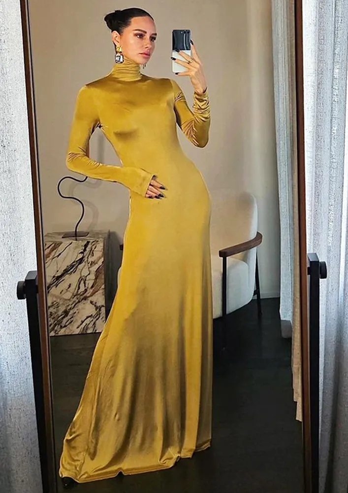 Polo Neck Long Golden Dress