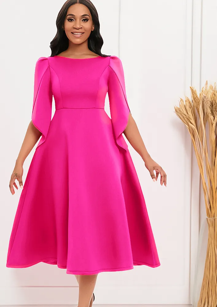 BOAT NECK MIDI A-LINE PINK DRESS