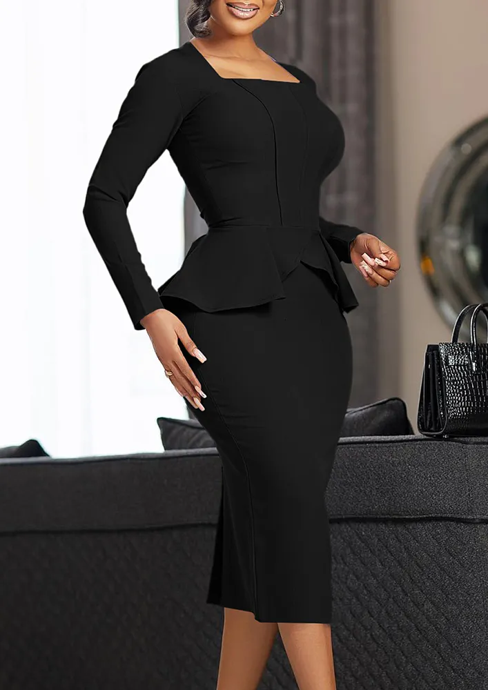 FRILL DETAIL ZIP-BACK BLACK PENCIL DRESS