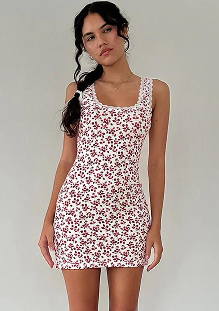 Red Printed U-neck Lace-trim Dress