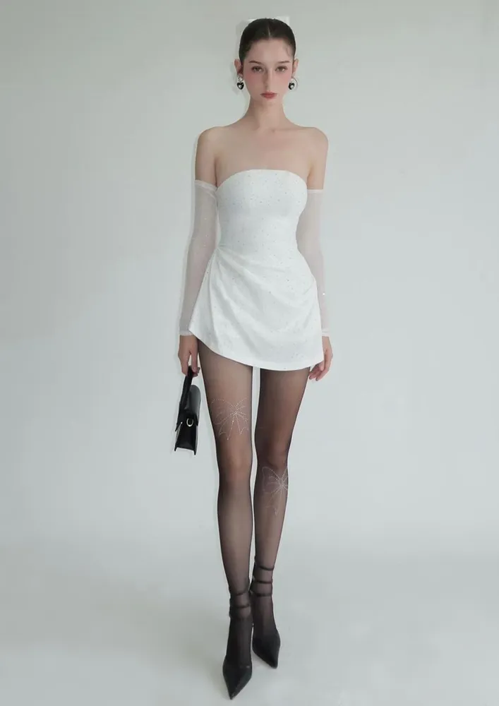 White Embellished Bandeau Dress W/ Detachable Sleeves