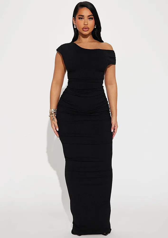 Black Ruched Asymmetrical Slim Dress