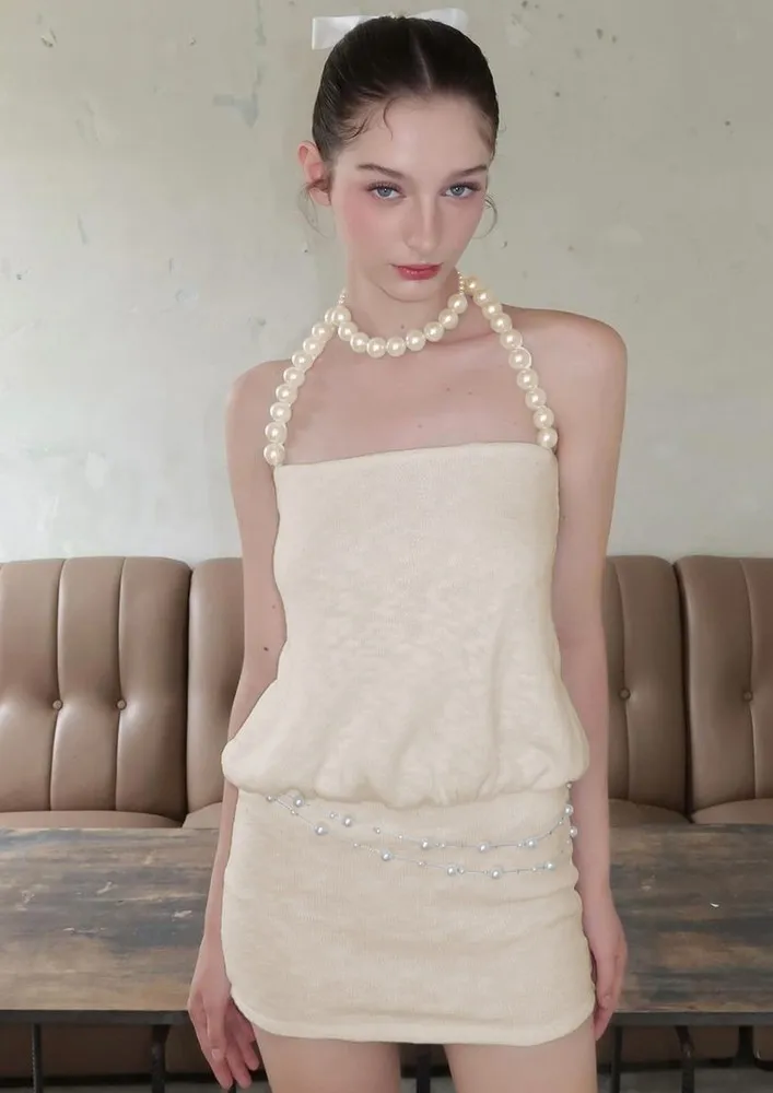 Imitation Pearl Halter Neck Dress