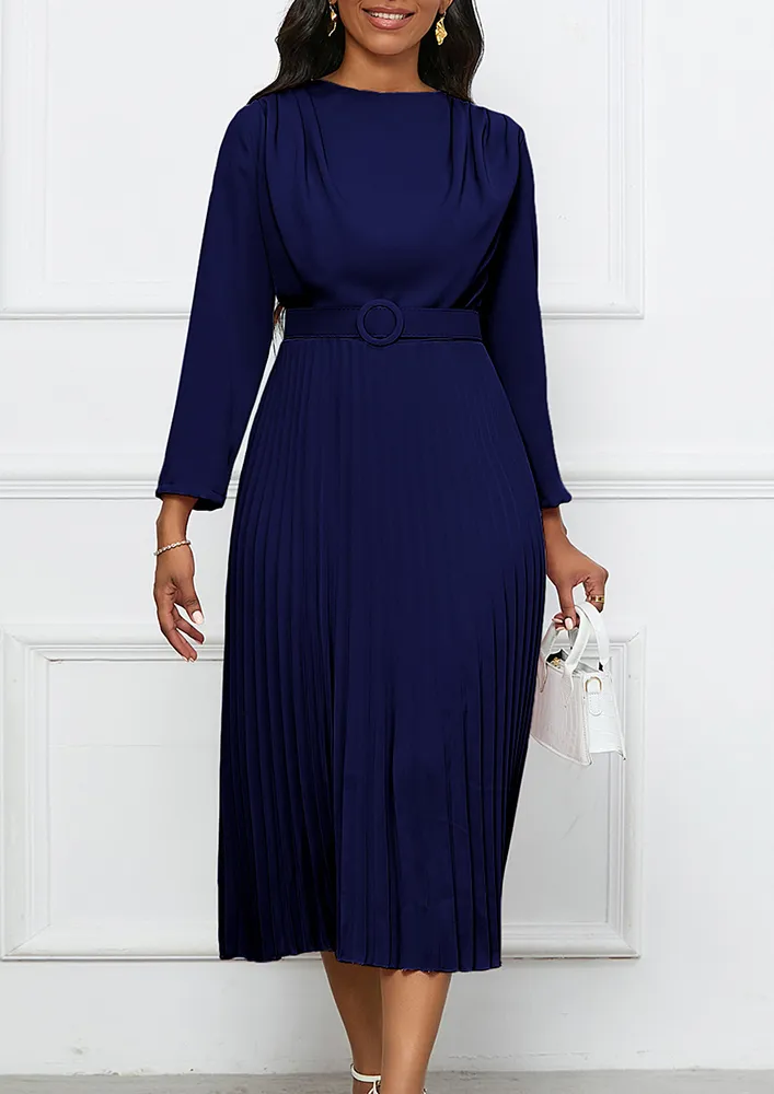 Dark Blue Pleated Column Midi Dress