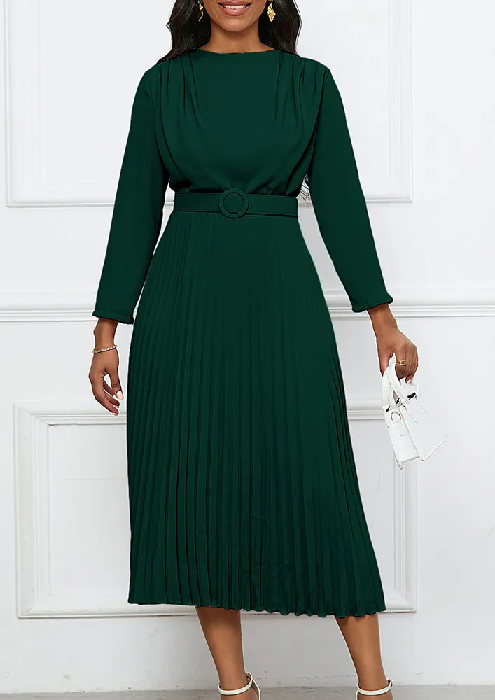 Dark Green Pleated Column Midi Dress