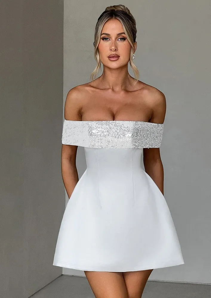 White Sequin Detail Off-shoulder Dress