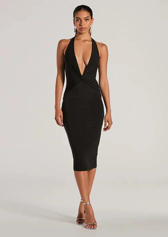 Black Tie-up Backless Plunging Neck Dress