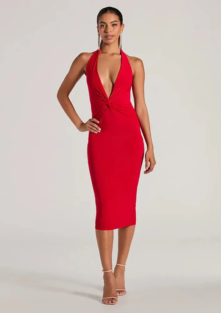 Red Tie-up Backless Plunging Neck Dress