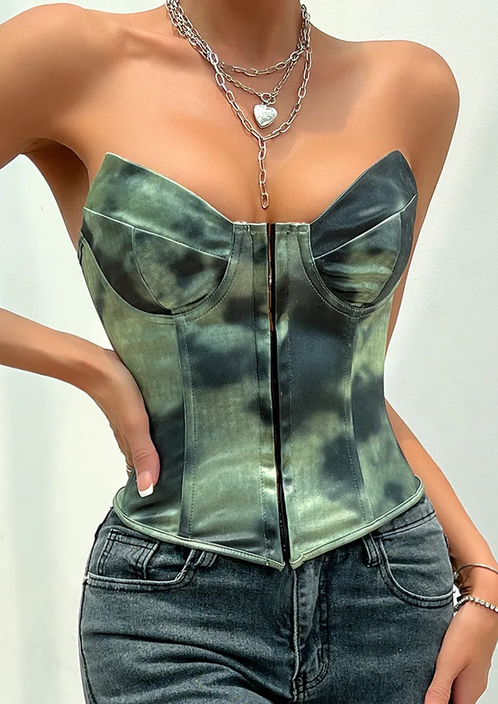 DARK GREEN PRINTED STRAPLESS CORSET