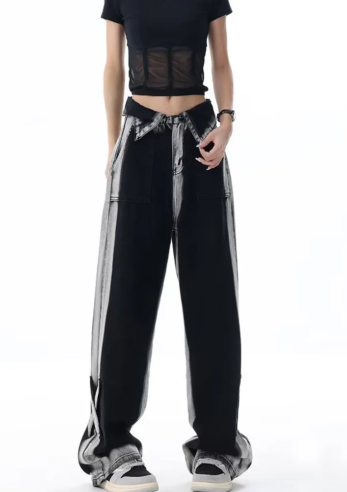 Fold-over Waist Loose Contrasting Jeans