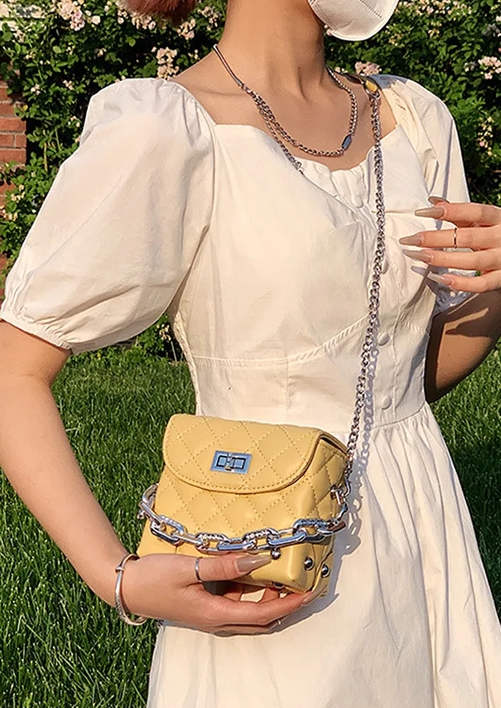 YELLOW QUILTED FLAP FRONT CROSSBODY BAG