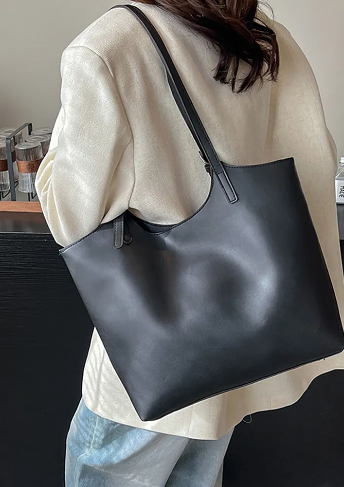 BLACK DOUBLE STRAP SNAP LOCK TOTE BAG