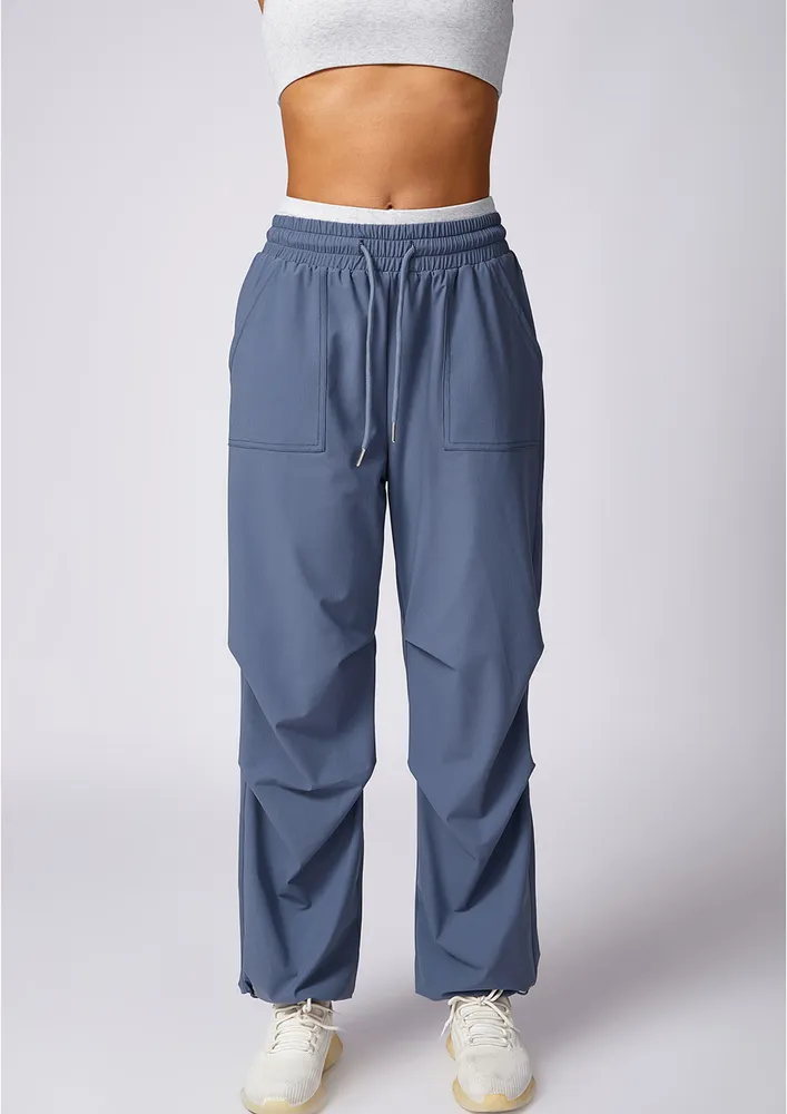 Blue Pleated Detail Activewear Polyamide Pants