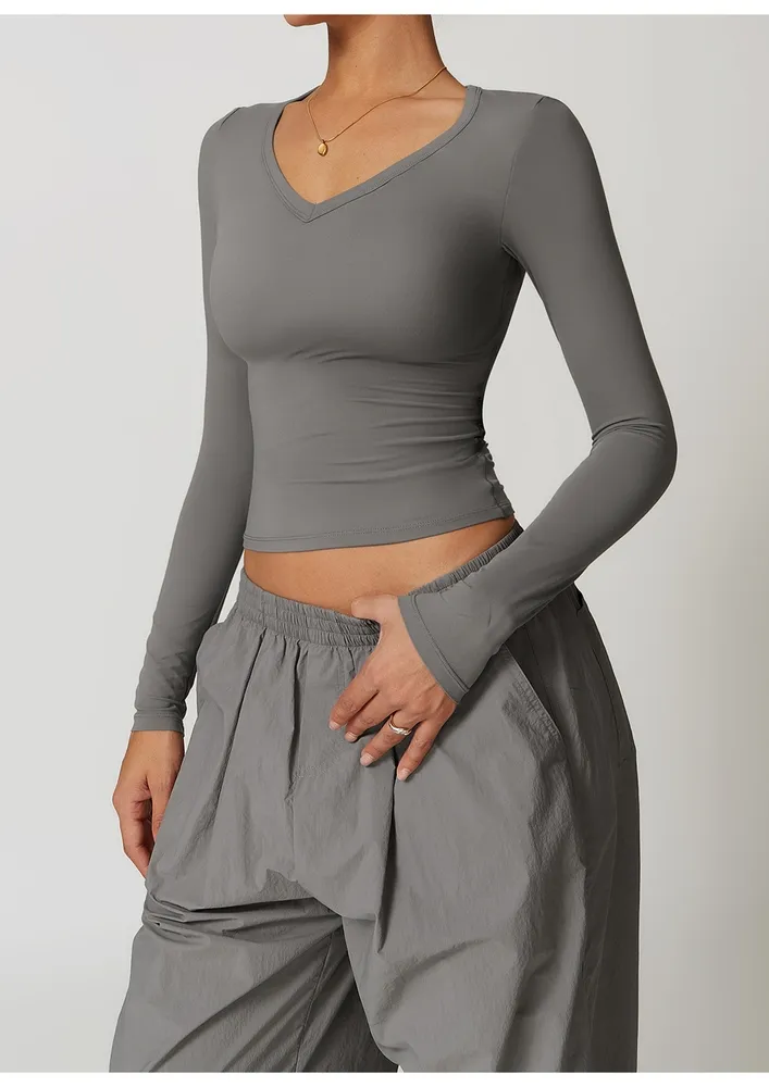 Fitted V-neck Grey Polyamide-blend Tee