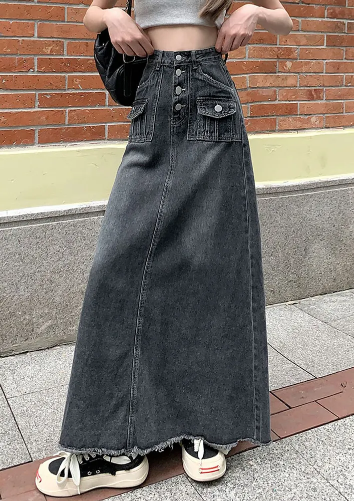 FRAYED HEM DENIM MAXI SKIRT