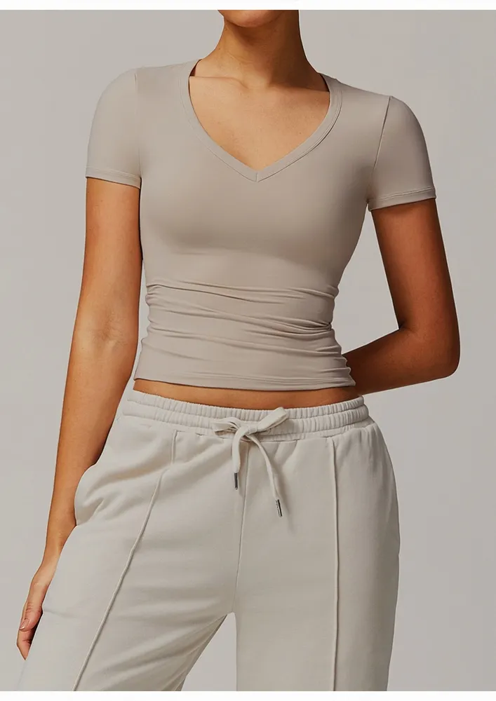 Polyamide Blend V-neck Fitted Light Khaki Tee