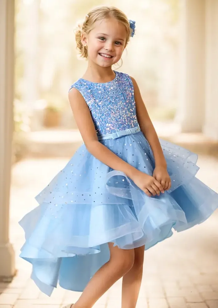 Girls Light Blue Embellished High-low Dress