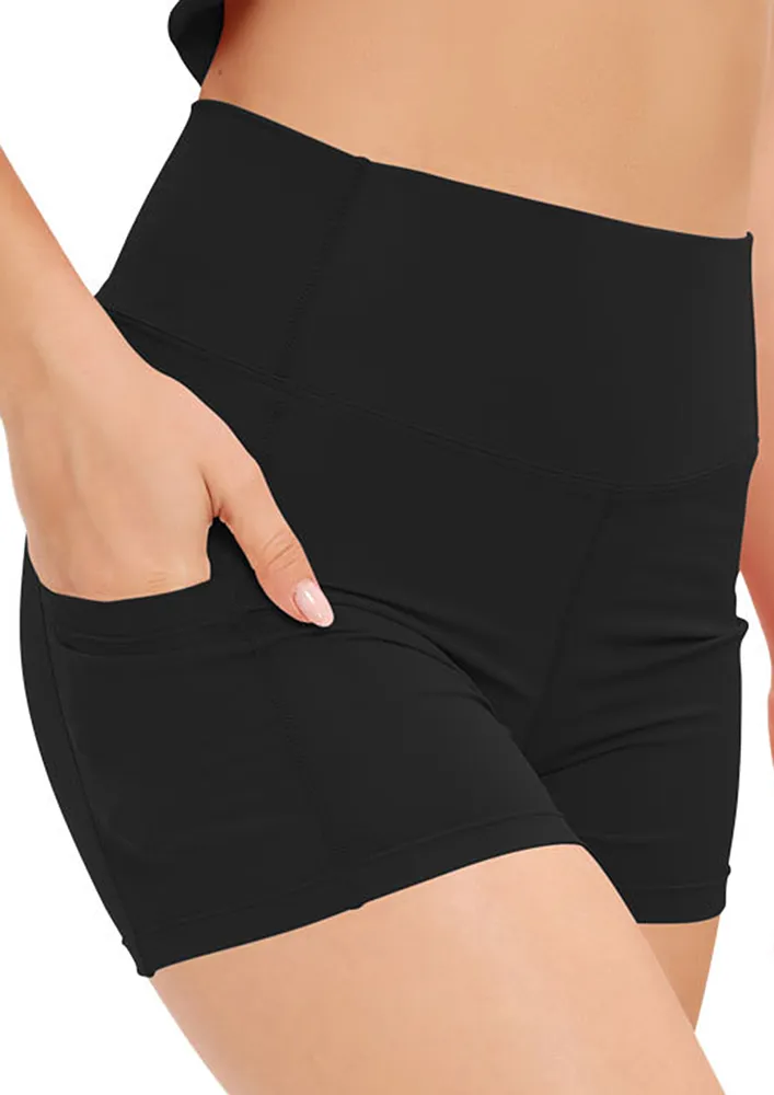 BLACK POCKET-DETAIL YOGA SHORTS