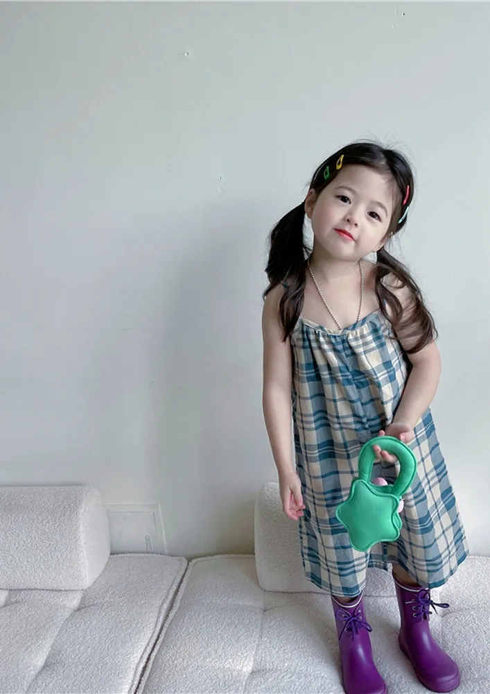 Blue Girls Plaid Print Jumpsuit