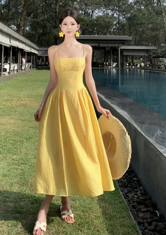 Yellow Lace-up Back Maxi Dress