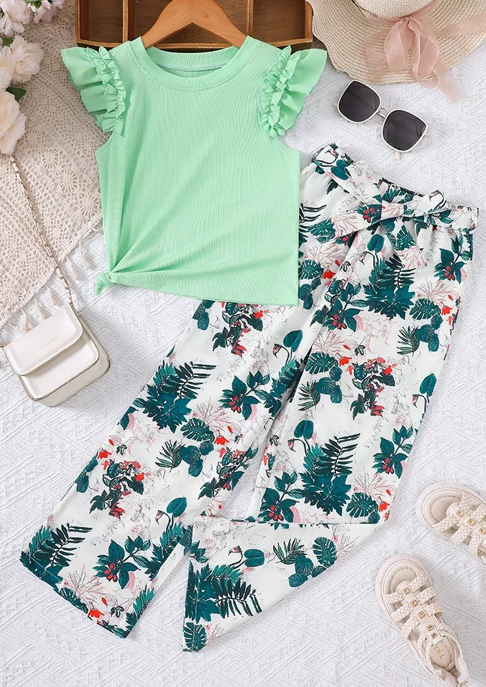Girls Green Flutter Sleeved Top W/ Floral Pants