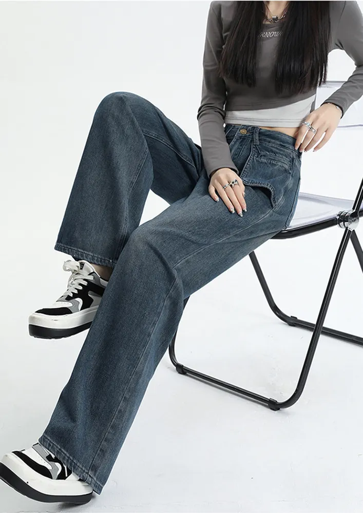 Faded-effect High-waisted Straight Jeans