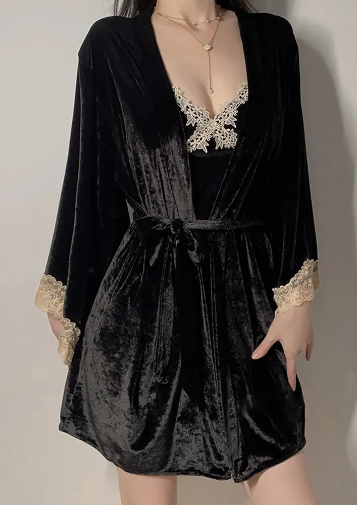 Fs Black Night Robe W/ Waist Tie