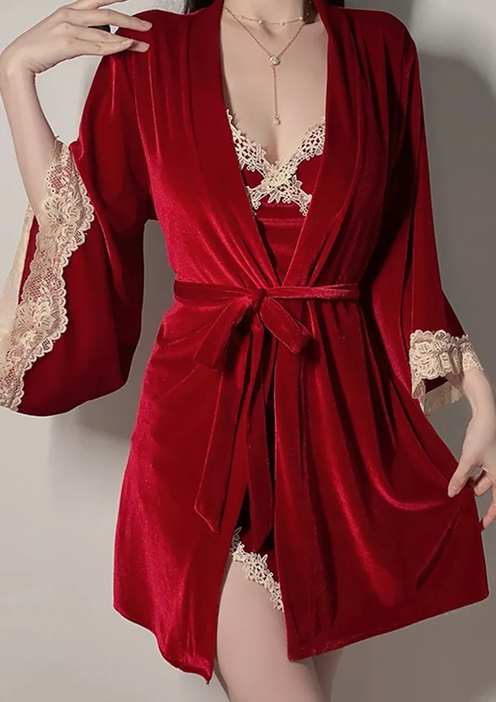 Fs Red Night Robe W/ Waist Tie