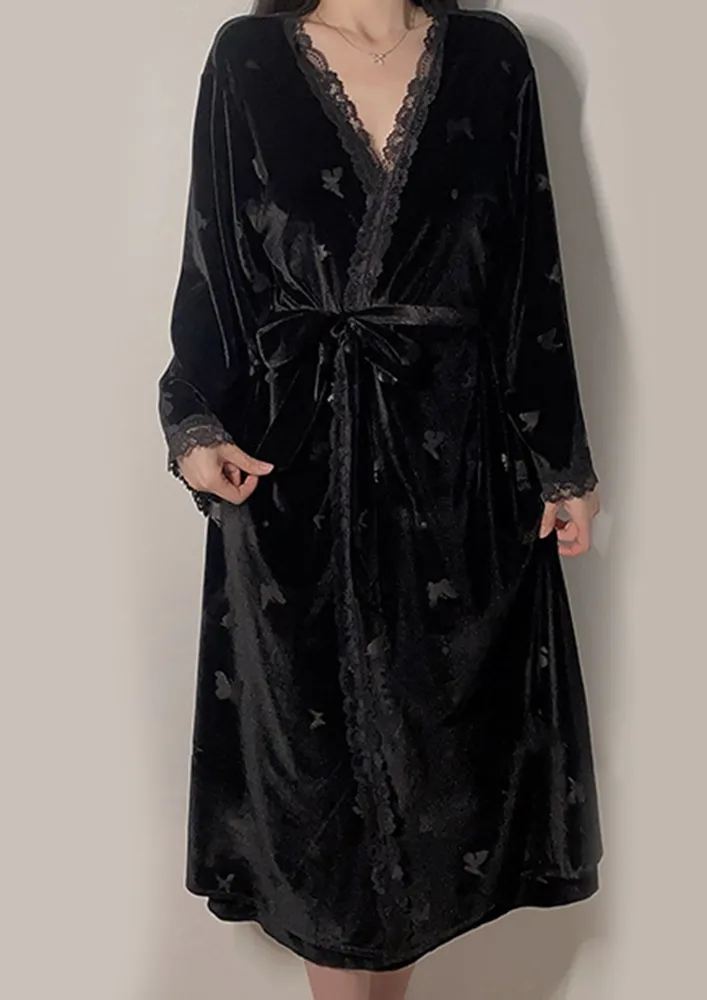 Free Size Black Lace Trim Night Robe W/ Waist Tie