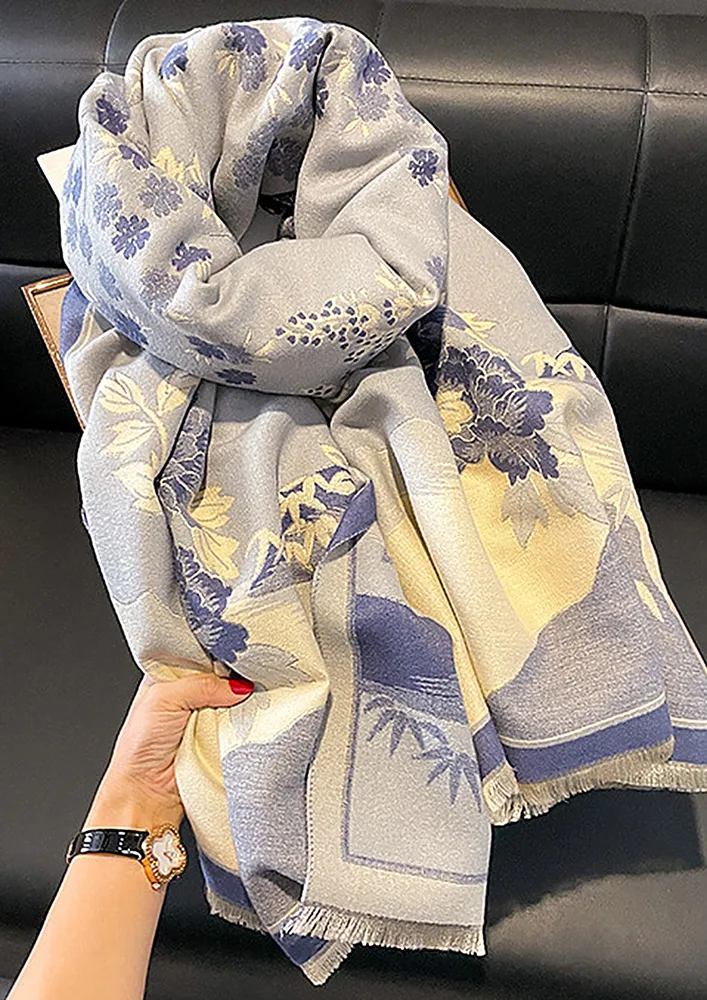 FLORAL PATTERN BLUE TASSEL EDGE SCARF