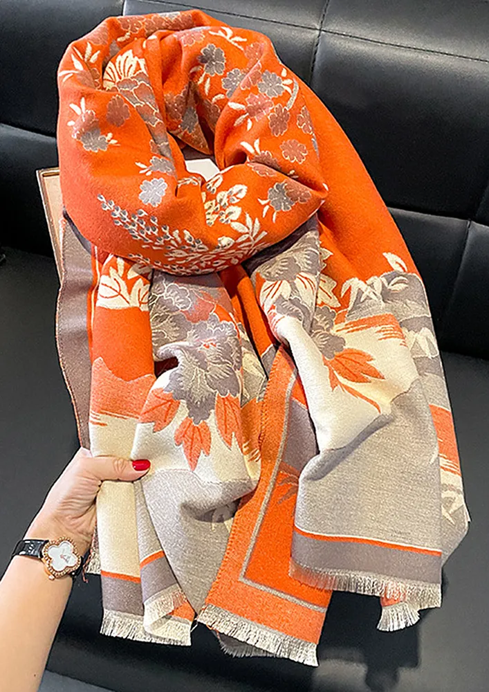 FLORAL PATTERN ORANGE TASSEL EDGE SCARF