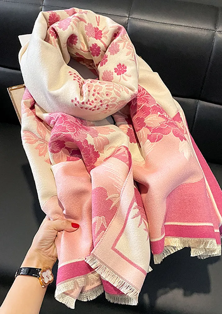 FLORAL PATTERN PINK TASSEL EDGE SCARF