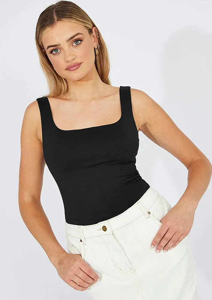 Black Square Neck Polyamide Blend Top