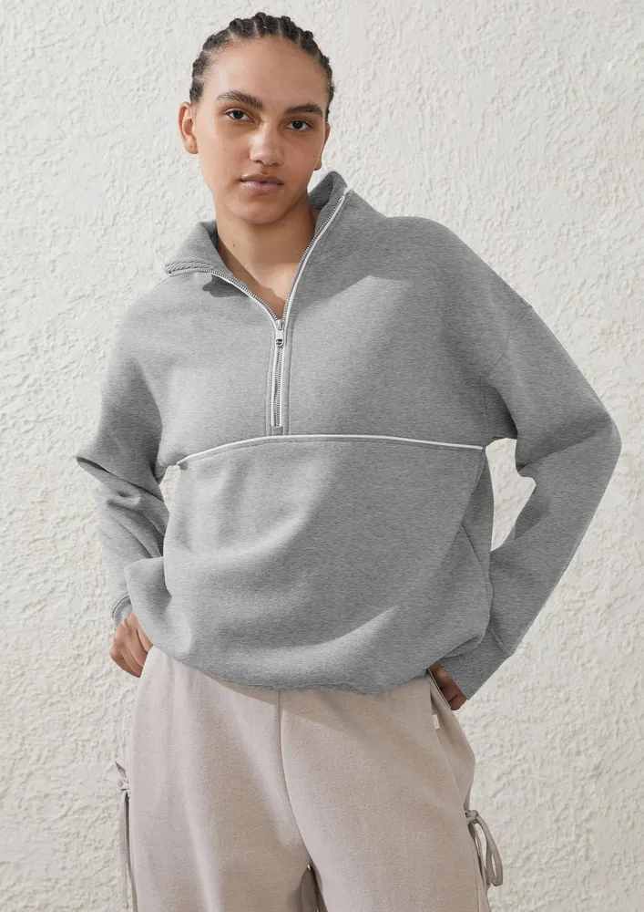 Grey Drop Shoulder Sleeve Zip-up Sweatshirt