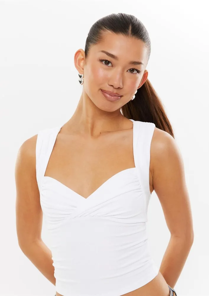 White Sweetheart Neckline Ruched Top