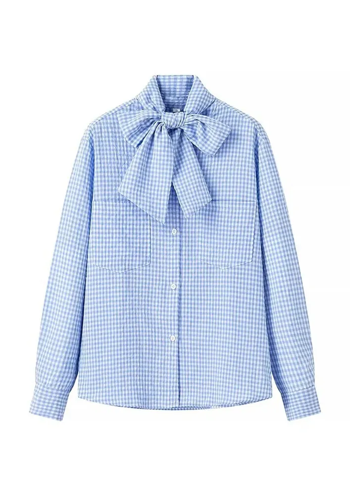 Blue Gingham Print Shirt W/ Bow-tie