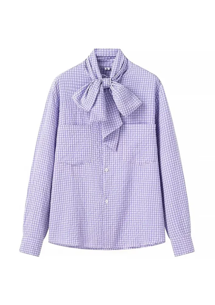 Purple Gingham Print Shirt W/ Bow-tie