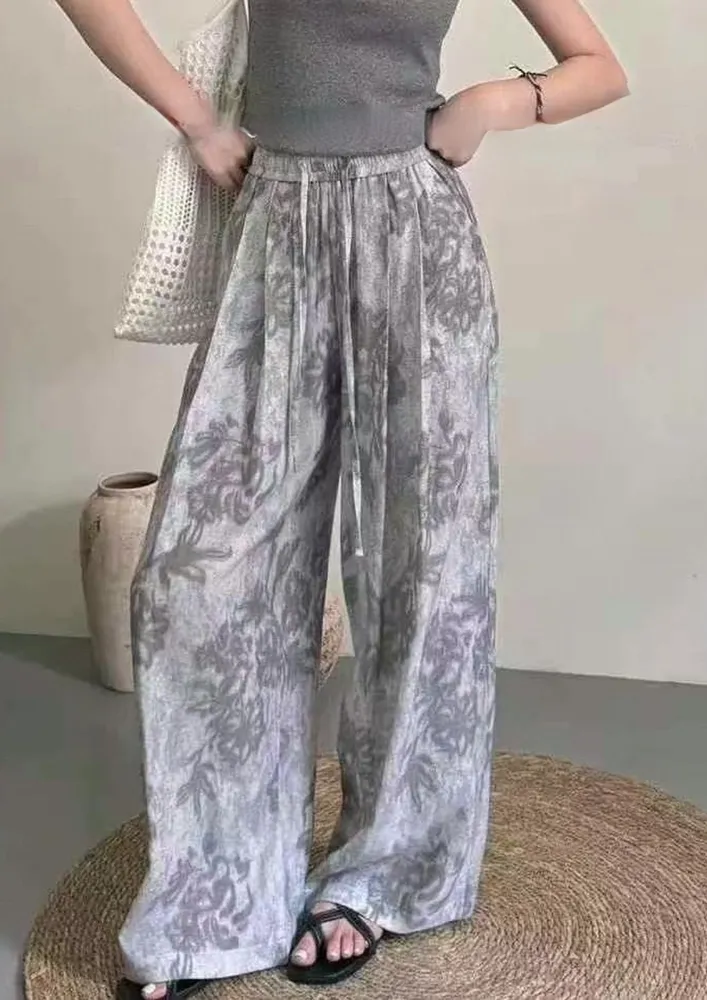 Grey Abstract Print Wide Drawstring Trousers