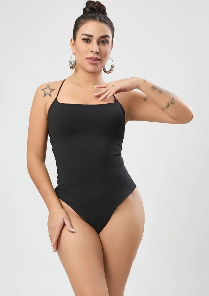 Black Backless Lace-up Bodysuit