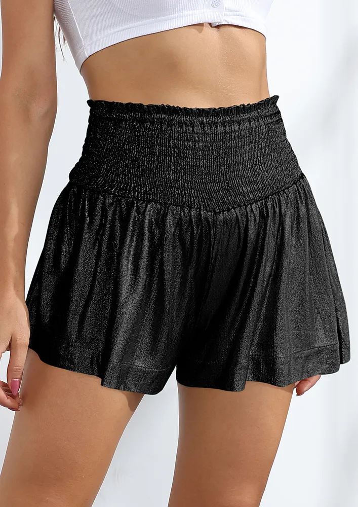 Black Metallic Finish Smocked Waist Shorts