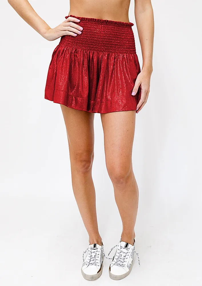 Red Metallic Finish Smocked Waist Shorts